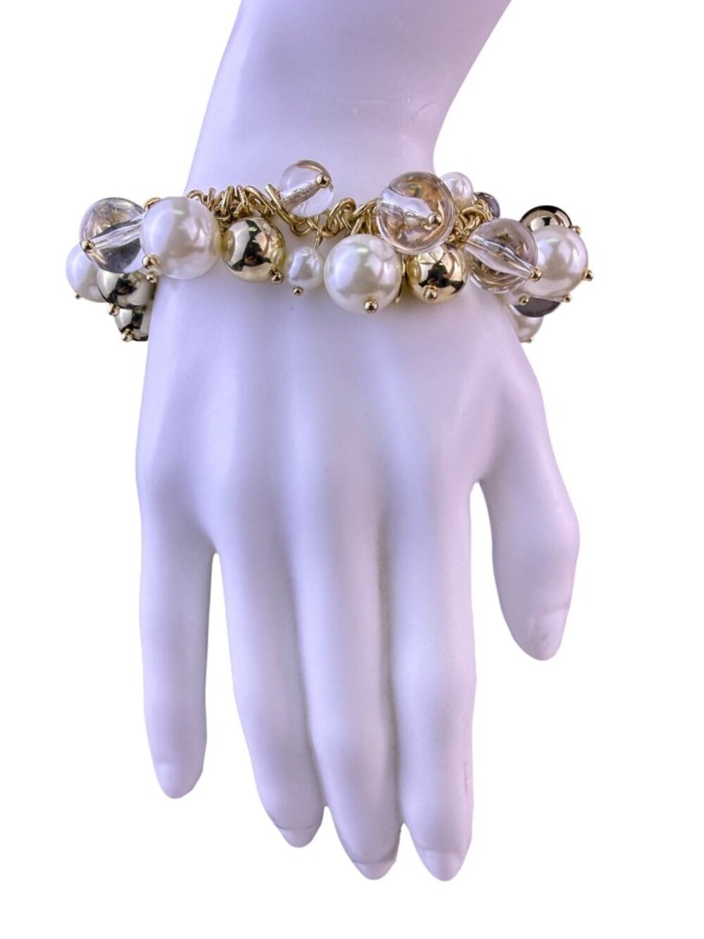 Chicos Womens Gold Tone Faux Pearl & Clear Crystal Stretch Bracelet Multi-Bead